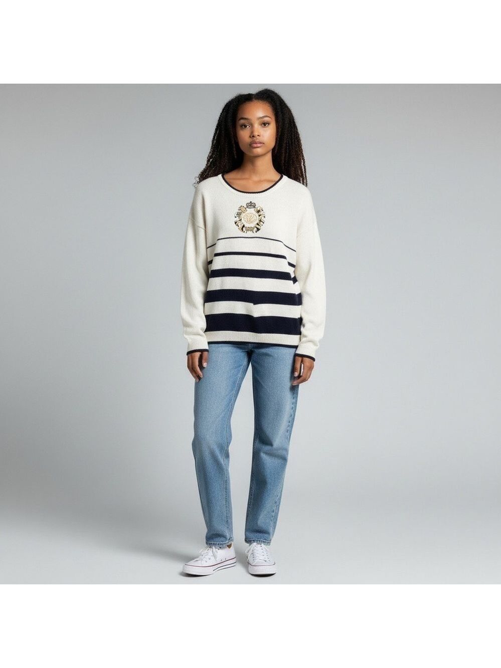 Vintage Collection Influence sweater blue white horizontal striped pullover Sz M